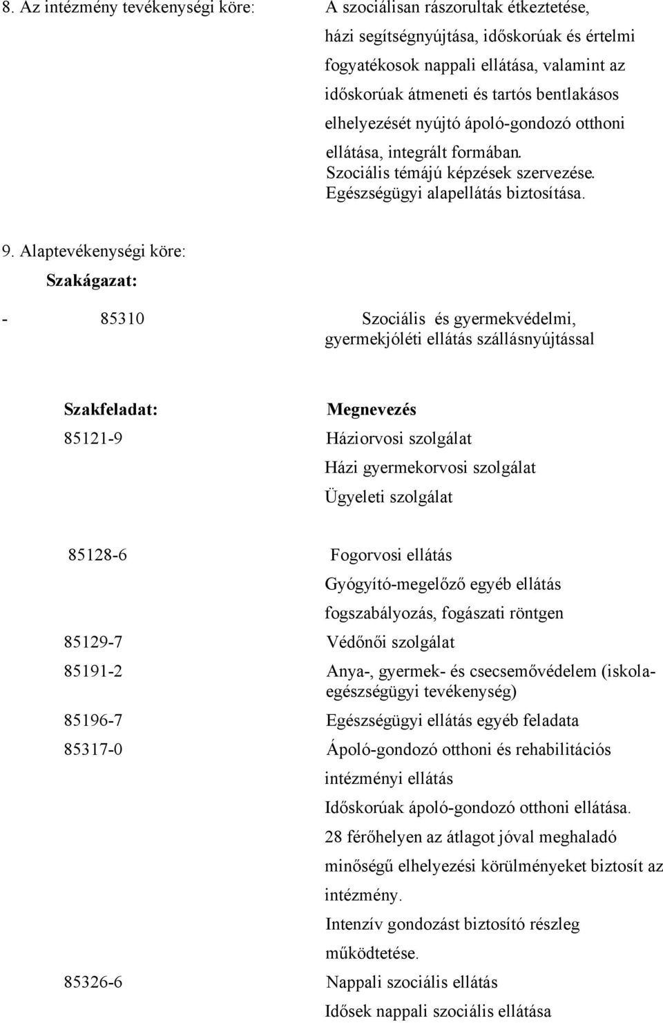 Alaptevékenységi köre: Szakágazat: - 85310 Szociális és gyermekvédelmi, gyermekjóléti ellátás szállásnyújtással Szakfeladat: Megnevezés 85121-9 Háziorvosi szolgálat Házi gyermekorvosi szolgálat