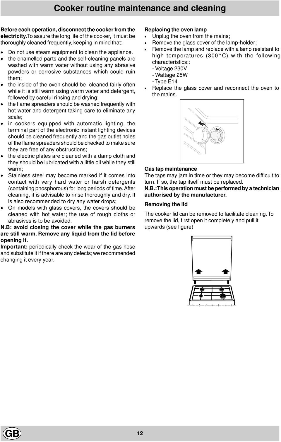 the enamelled parts and the self-cleaning panels are washed with warm water without using any abrasive powders or corrosive substances which could ruin them; the inside of the oven should be cleaned