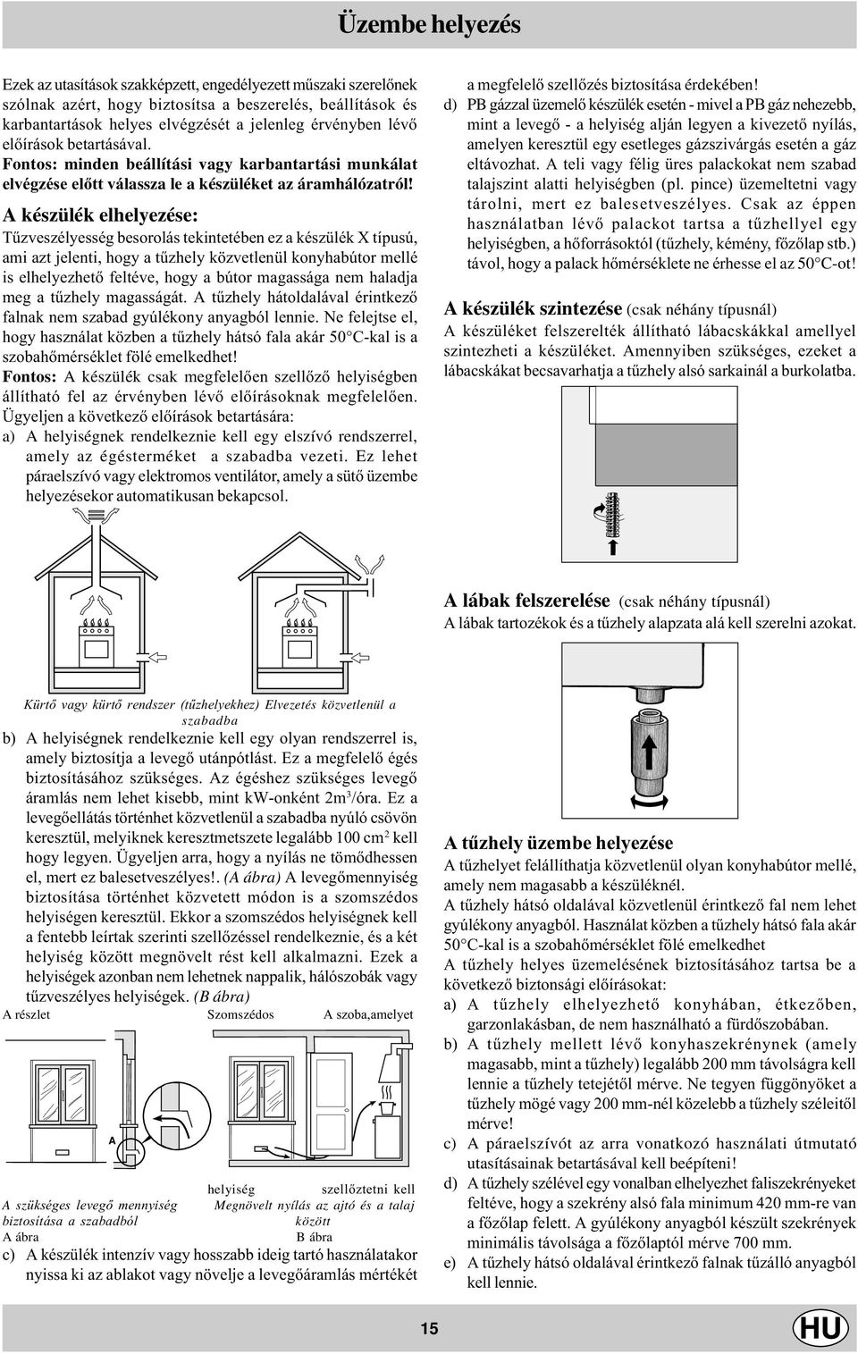 A készülék elhelyezése: Tûzveszélyesség besorolás tekintetében ez a készülék X típusú, ami azt jelenti, hogy a tûzhely közvetlenül konyhabútor mellé is elhelyezhetõ feltéve, hogy a bútor magassága