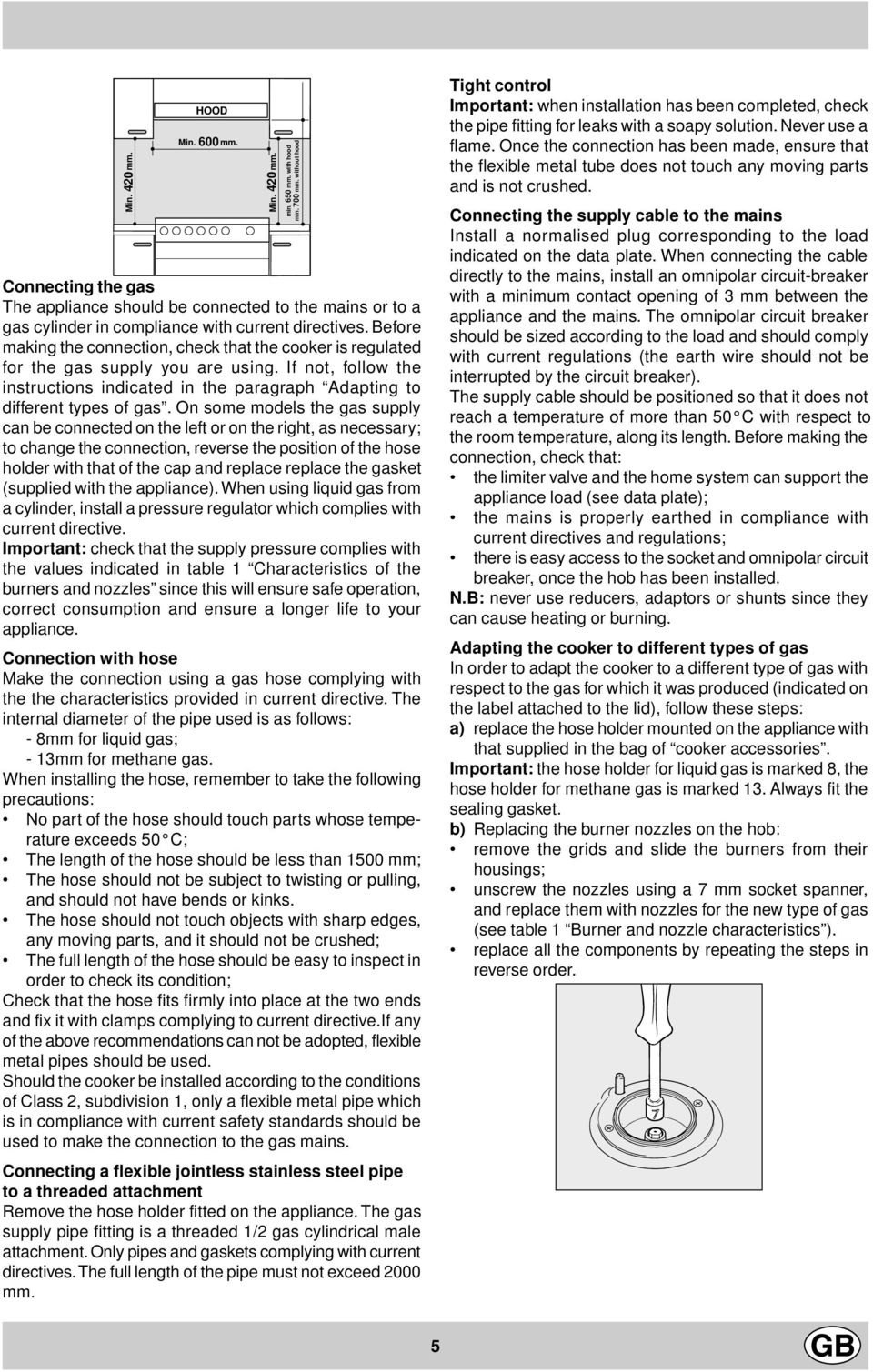 On some models the gas supply can be connected on the left or on the right, as necessary; to change the connection, reverse the position of the hose holder with that of the cap and replace replace