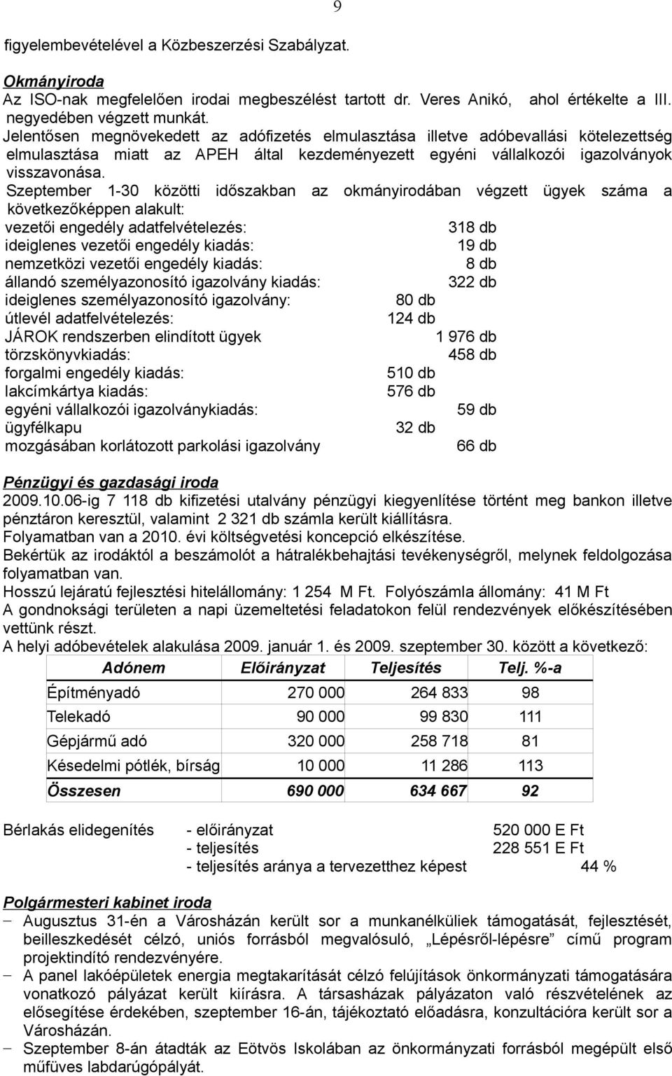 Szeptember 1-30 közötti időszakban az okmányirodában végzett ügyek száma a következőképpen alakult: vezetői engedély adatfelvételezés: 318 db ideiglenes vezetői engedély kiadás: 19 db nemzetközi