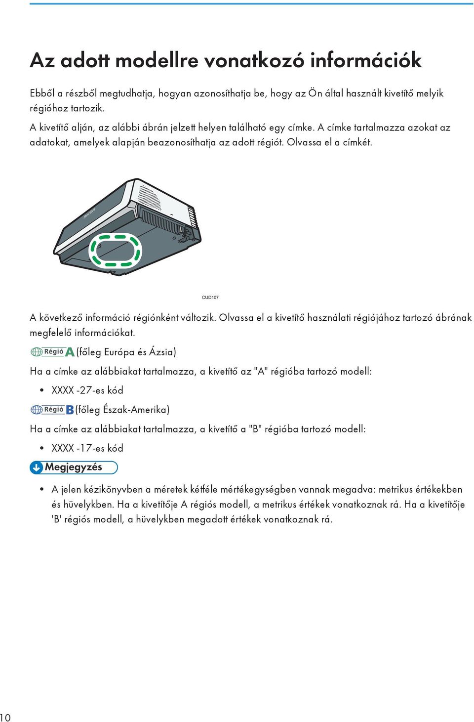 CUD107 A következő információ régiónként változik. Olvassa el a kivetítő használati régiójához tartozó ábrának megfelelő információkat.