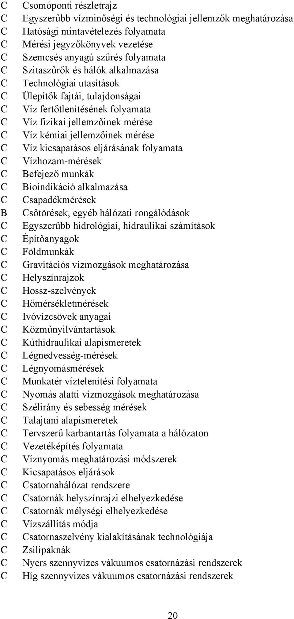 folyamata Vízhozammérések Befejező munkák Bioindikáció alkalmazása sapadékmérések sőtörések, egyéb hálózati rongálódások Egyszerűbb hidrológiai, hidraulikai számítások Építőanyagok Földmunkák