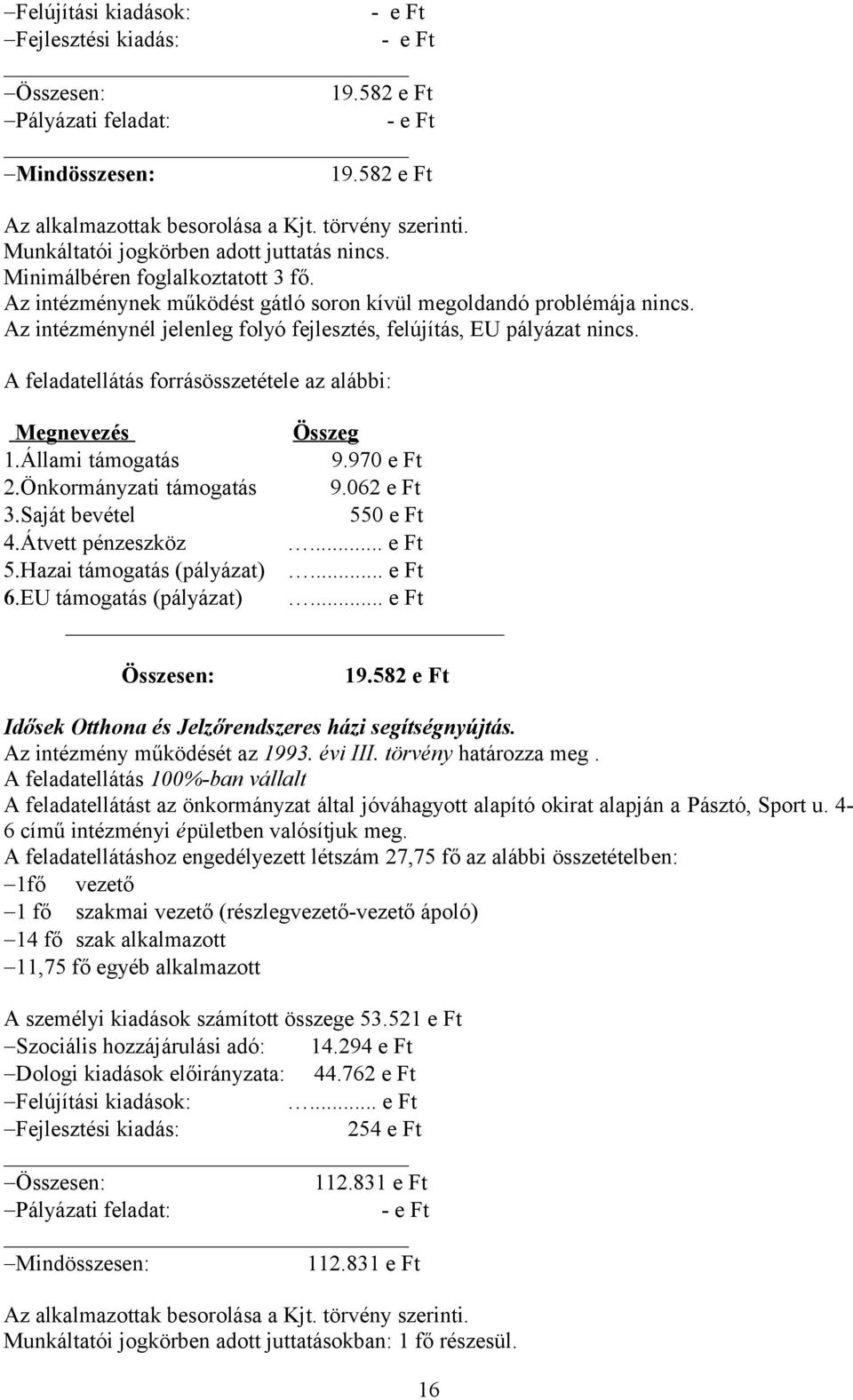 Az intézménynél jelenleg folyó fejlesztés, felújítás, EU pályázat nincs. A feladatellátás forrásösszetétele az alábbi: Megnevezés Összeg 1.Állami támogatás 9.970 e Ft 2.Önkormányzati támogatás 9.