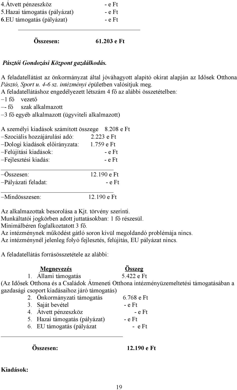 A feladatellátáshoz engedélyezett létszám 4 fő az alábbi összetételben: 1 fő vezető - fő szak alkalmazott 3 fő egyéb alkalmazott (ügyviteli alkalmazott) A személyi kiadások számított összege 8.