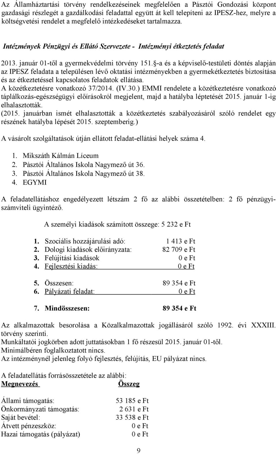 -a és a képviselő-testületi döntés alapján az IPESZ feladata a településen lévő oktatási intézményekben a gyermekétkeztetés biztosítása és az étkeztetéssel kapcsolatos feladatok ellátása.