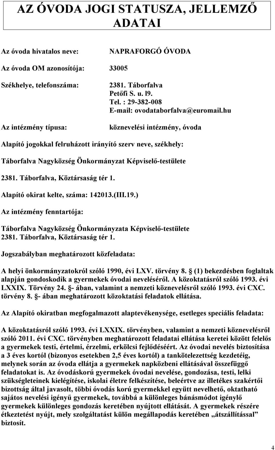 Táborfalva, Köztársaság tér 1. Alapító okirat kelte, száma: 142013.(III.19.) Az intézmény fenntartója: Táborfalva Nagyközség Önkormányzata Képviselő-testülete 2381. Táborfalva, Köztársaság tér 1.