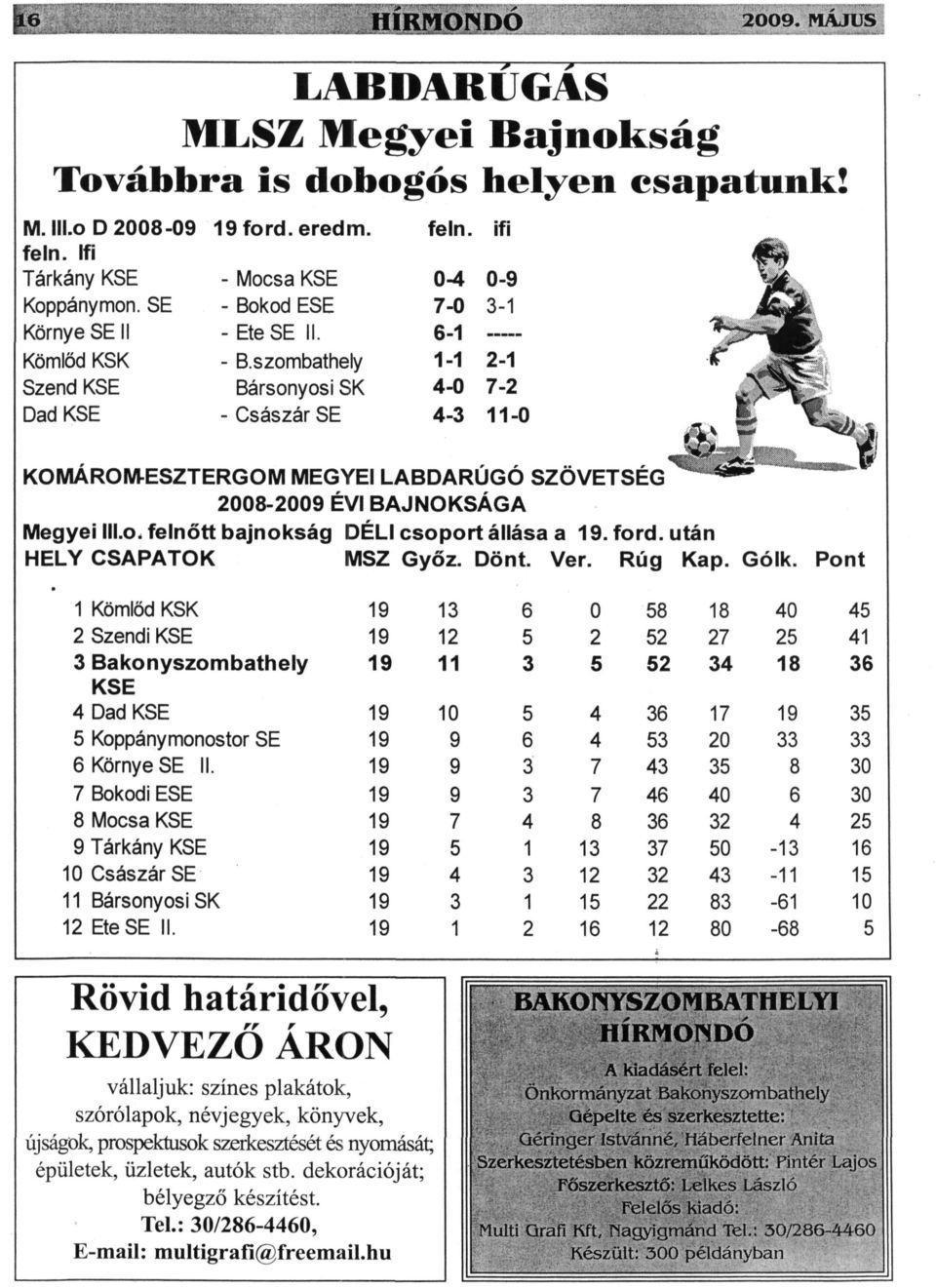 szombathely 1-1 2-1 Szend KSE Bársonyosi SK 4-0 7-2 Dad KSE - Császár SE 4-3 11-0 KOMÁROM-ESZTERGOM MEGYEI LABDARÚGÓ SZÖVETSÉG 2008-2009 ÉVI BAJNOKSÁGA Megyei III.o. felnőtt bajnokság DÉLI csoport állása a.