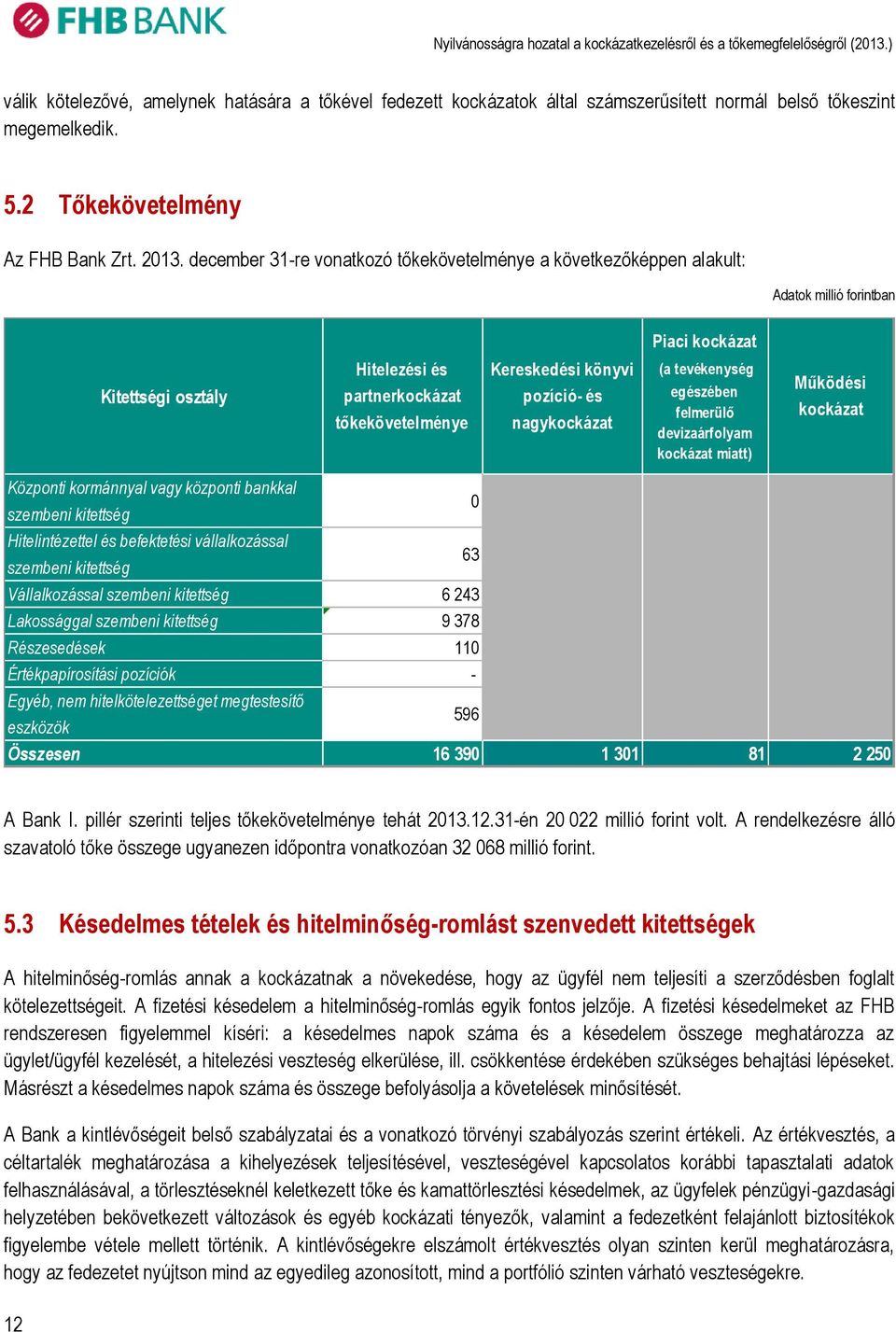 pozíció- és nagykockázat (a tevékenység egészében felmerülő devizaárfolyam kockázat miatt) Működési kockázat Központi kormánnyal vagy központi bankkal szembeni kitettség 0 Hitelintézettel és