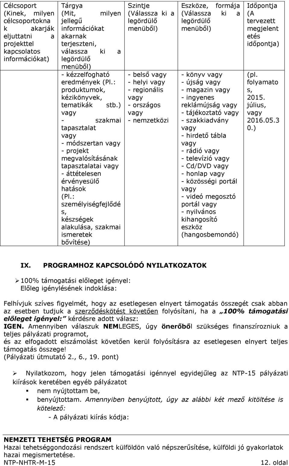 ) vagy - szakmai tapasztalat vagy - módszertan vagy - projekt megvalósításának tapasztalatai vagy - áttételesen érvényesülő hatások (Pl.