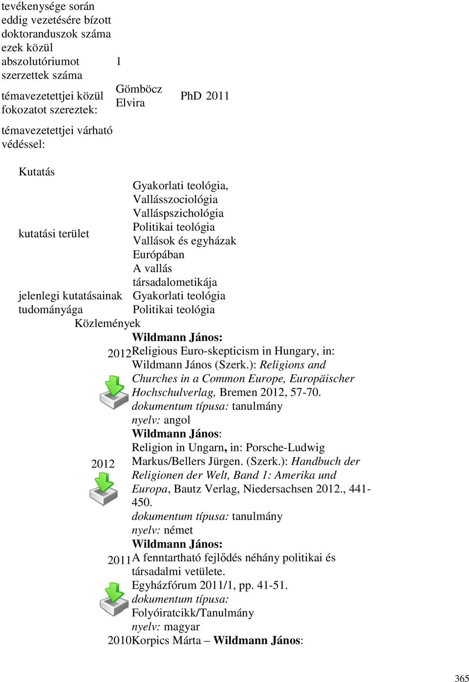 Gyakorlati teológia tudományága Politikai teológia Közlemények 2012Religious Euro-skepticism in Hungary, in: Wildmann János (Szerk.