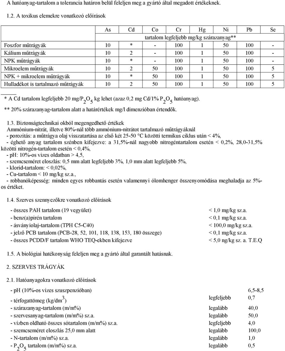 - 100 1 50 100 - Mikroelem műtrágyák 10 2 50 100 1 50 100 5 NPK + mikroelem műtrágyák 10 * 50 100 1 50 100 5 Hulladékot is tartalmazó műtrágyák 10 2 50 100 1 50 100 5 * A Cd tartalom legfeljebb 20