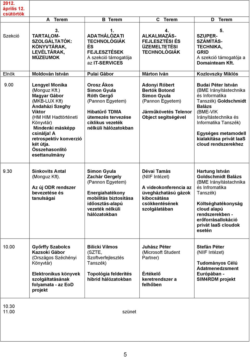 SZUPER- SZÁMÍTÁS- TECHNIKA, GRID A szekció támogatója a Domainteam Kft. Elnök Moldován István Pulai Gábor Márton Iván Kozlovszky Miklós 9.00 Lengyel Monika (Monguz Kft.