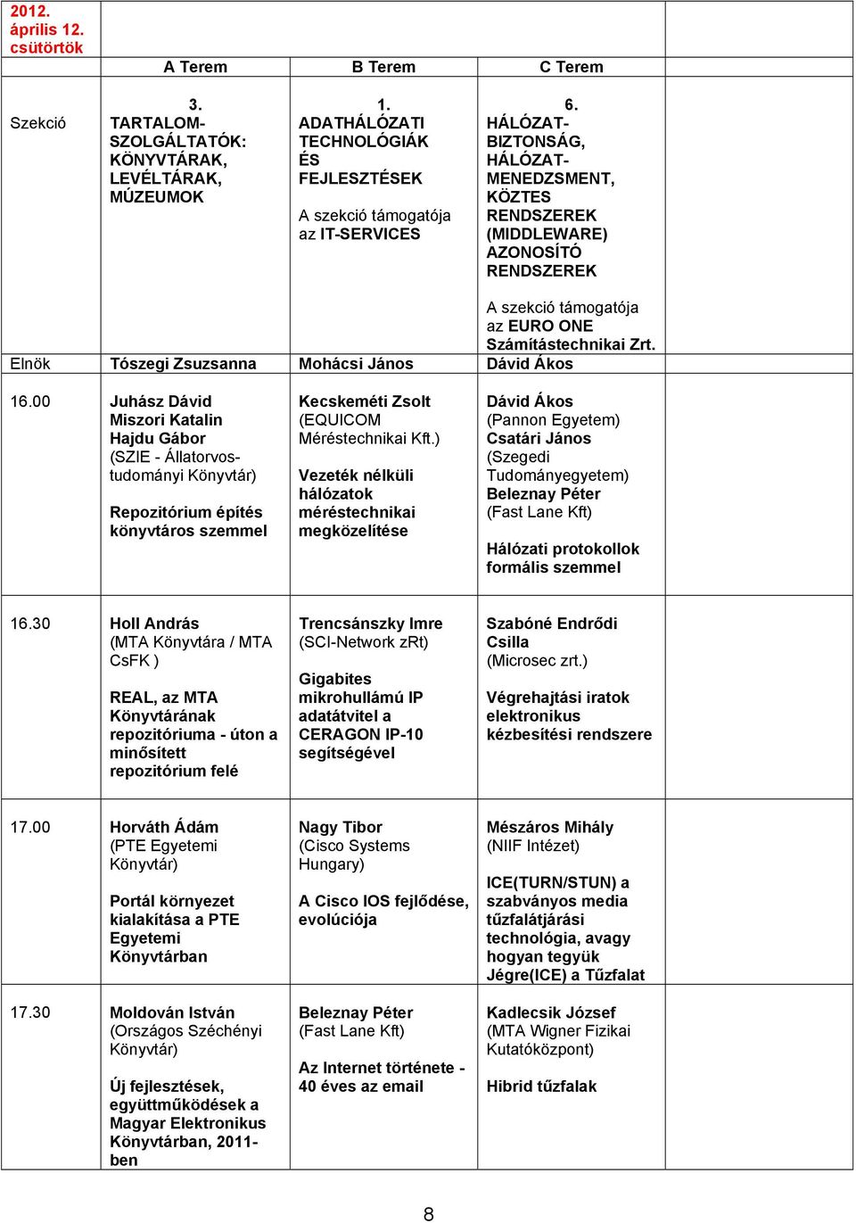 HÁLÓZAT- BIZTONSÁG, HÁLÓZAT- MENEDZSMENT, KÖZTES RENDSZEREK (MIDDLEWARE) AZONOSÍTÓ RENDSZEREK A szekció támogatója az EURO ONE Számítástechnikai Zrt.