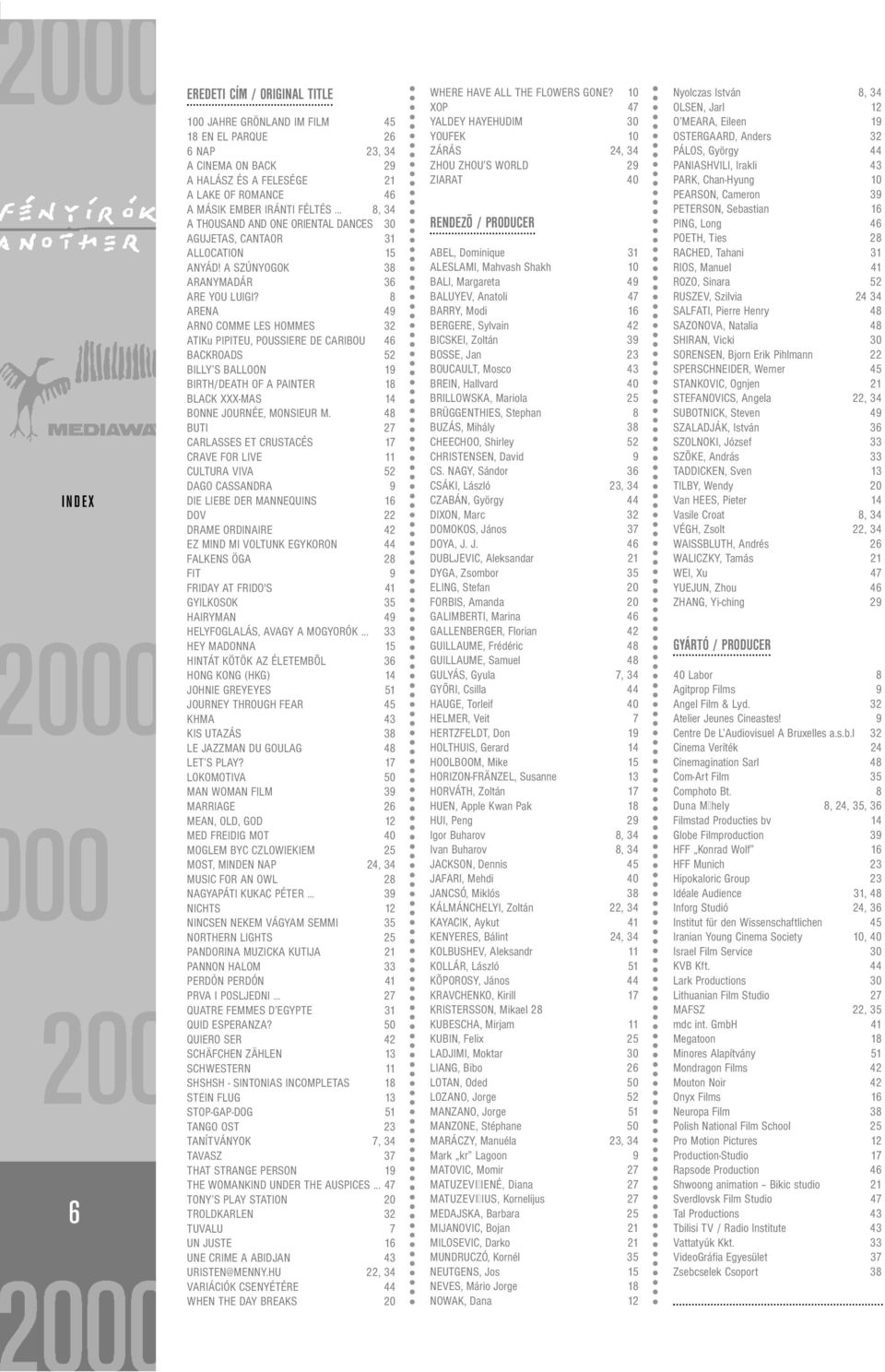 8 ARENA 49 ARNO COMME LES HOMMES 32 ATIKu PIPITEU, POUSSIERE DE CARIBOU 46 BACKROADS 52 BILLY S BALLOON 19 BIRTH/DEATH OF A PAINTER 18 BLACK XXX-MAS 14 BONNE JOURNÉE, MONSIEUR M.