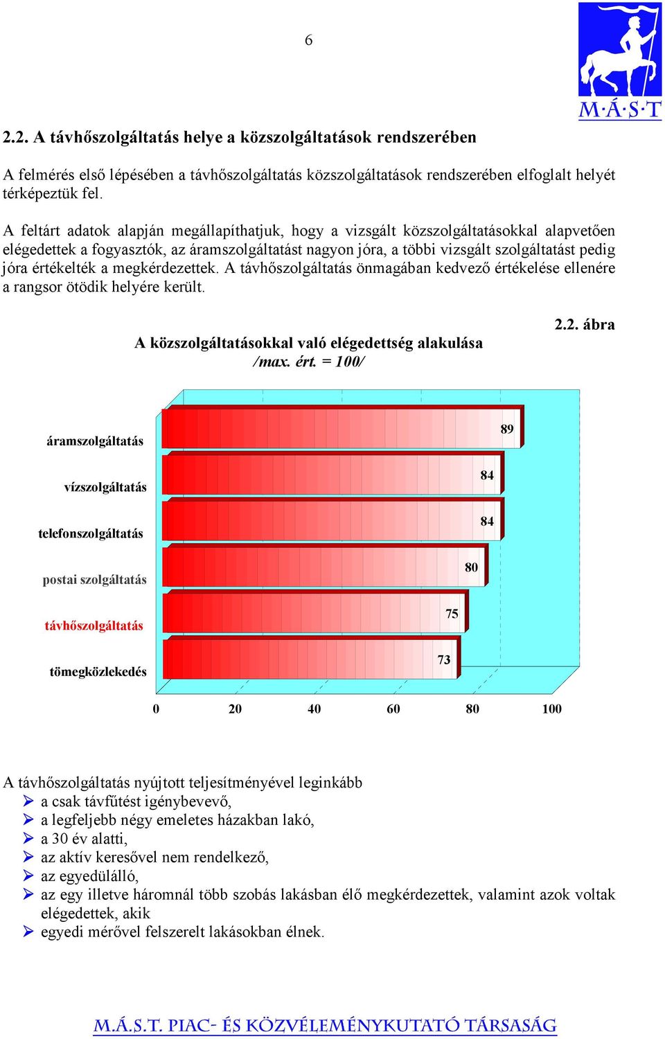 értékelték a megkérdezettek. A távhőszolgáltatás önmagában kedvező értékelése ellenére a rangsor ötödik helyére került. A közszolgáltatásokkal való elégedettség alakulása /max. ért. = 100/ 2.