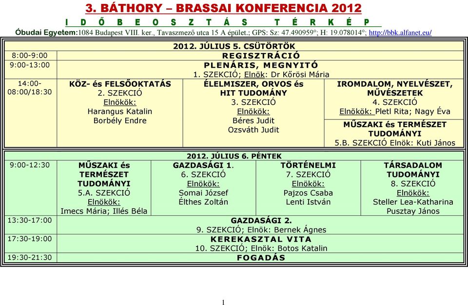 SZEKCIÓ Harangus Katalin Borbély Endre 9:00-12:30 MŰSZAKI és TERMÉSZET 5.A. SZEKCIÓ Imecs Mária; Illés Béla ÉLELMISZER, ORVOS és HIT TUDOMÁNY 3. SZEKCIÓ Béres Judit Ozsváth Judit JÚLIUS 6.