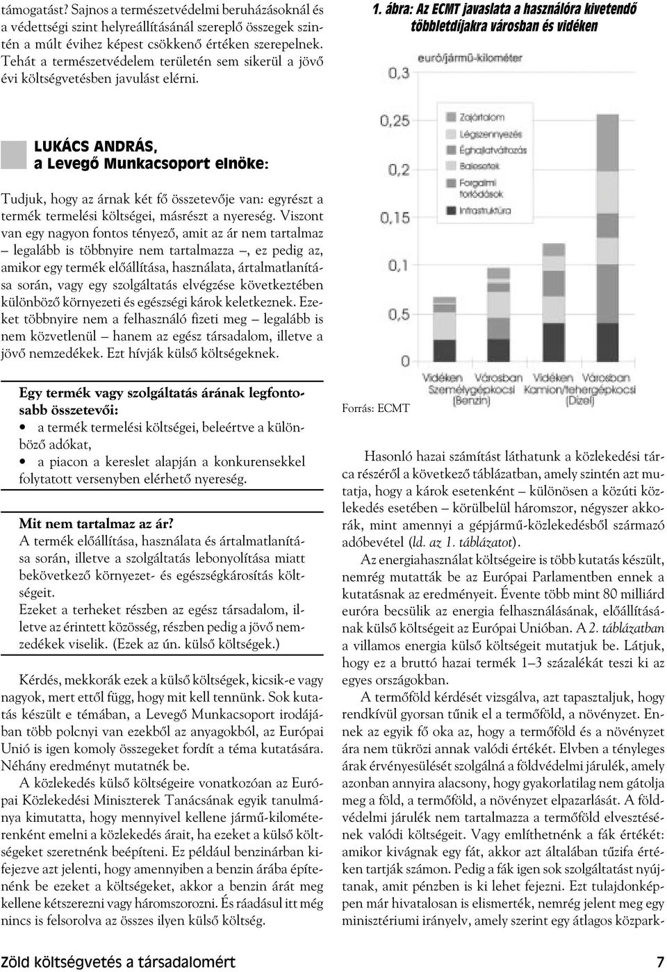 ábra: Az ECMT javaslata a használóra kivetendõ többletdíjakra városban és vidéken LUKÁCS ANDRÁS, a Levegõ Munkacsoport elnöke: Tudjuk, hogy az árnak két fõ összetevõje van: egyrészt a termék