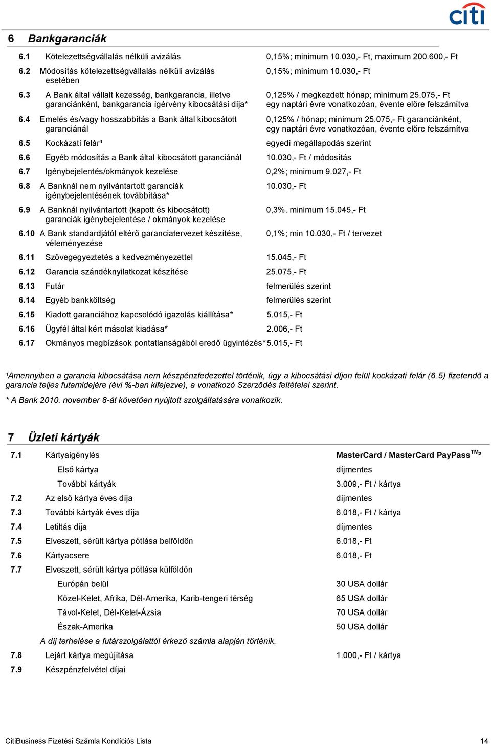 075,- Ft garanciánként, bankgarancia ígérvény kibocsátási díja* egy naptári évre vonatkozóan, évente előre felszámítva 6.