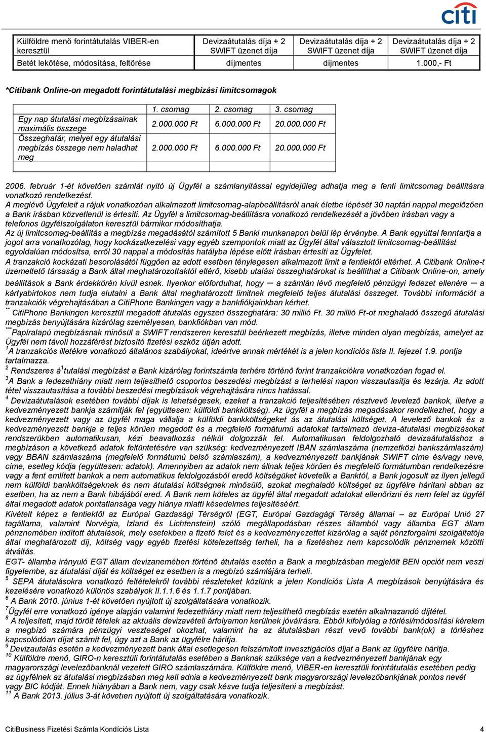 000,- Ft *Citibank Online-on megadott forintátutalási megbízási limitcsomagok Egy nap átutalási megbízásainak maximális összege Összeghatár, melyet egy átutalási megbízás összege nem haladhat meg 1.