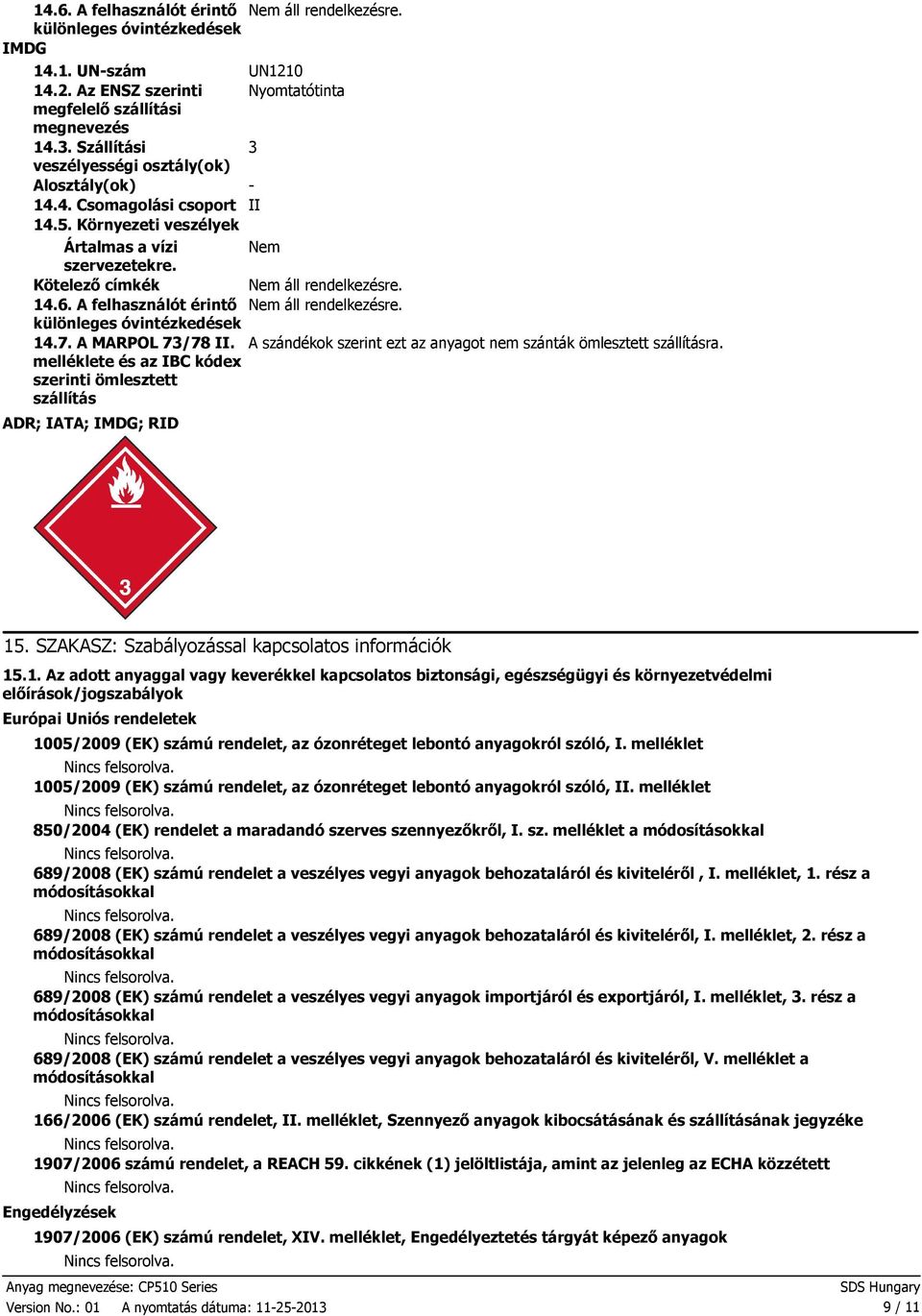 melléklete és az IBC kódex szerinti ömlesztett szállítás ADR; IATA; IMDG; RID UN1210 Nyomtatótinta 3 II Nem A szándékok szerint ezt az anyagot nem szánták ömlesztett szállításra. 15.