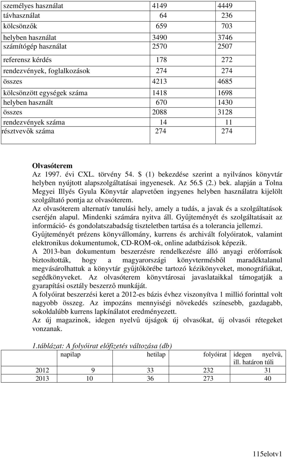 $ (1) bekezdése szerint a nyilvános könyvtár helyben nyújtott alapszolgáltatásai ingyenesek. Az 56.$ (2.) bek. alapján a Tolna Megyei Illyés Gyula Könyvtár alapvetıen ingyenes helyben használatra kijelölt szolgáltató pontja az olvasóterem.