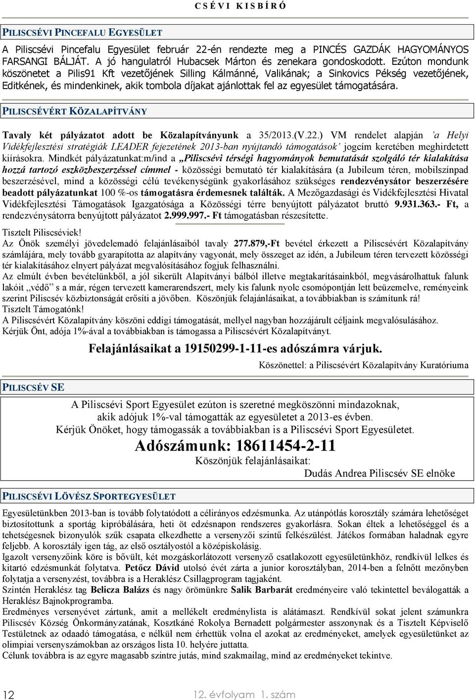 támogatására. PILISCSÉVÉRT KÖZALAPÍTVÁNY Tavaly két pályázatot adott be Közalapítványunk a 35/2013.(V.22.