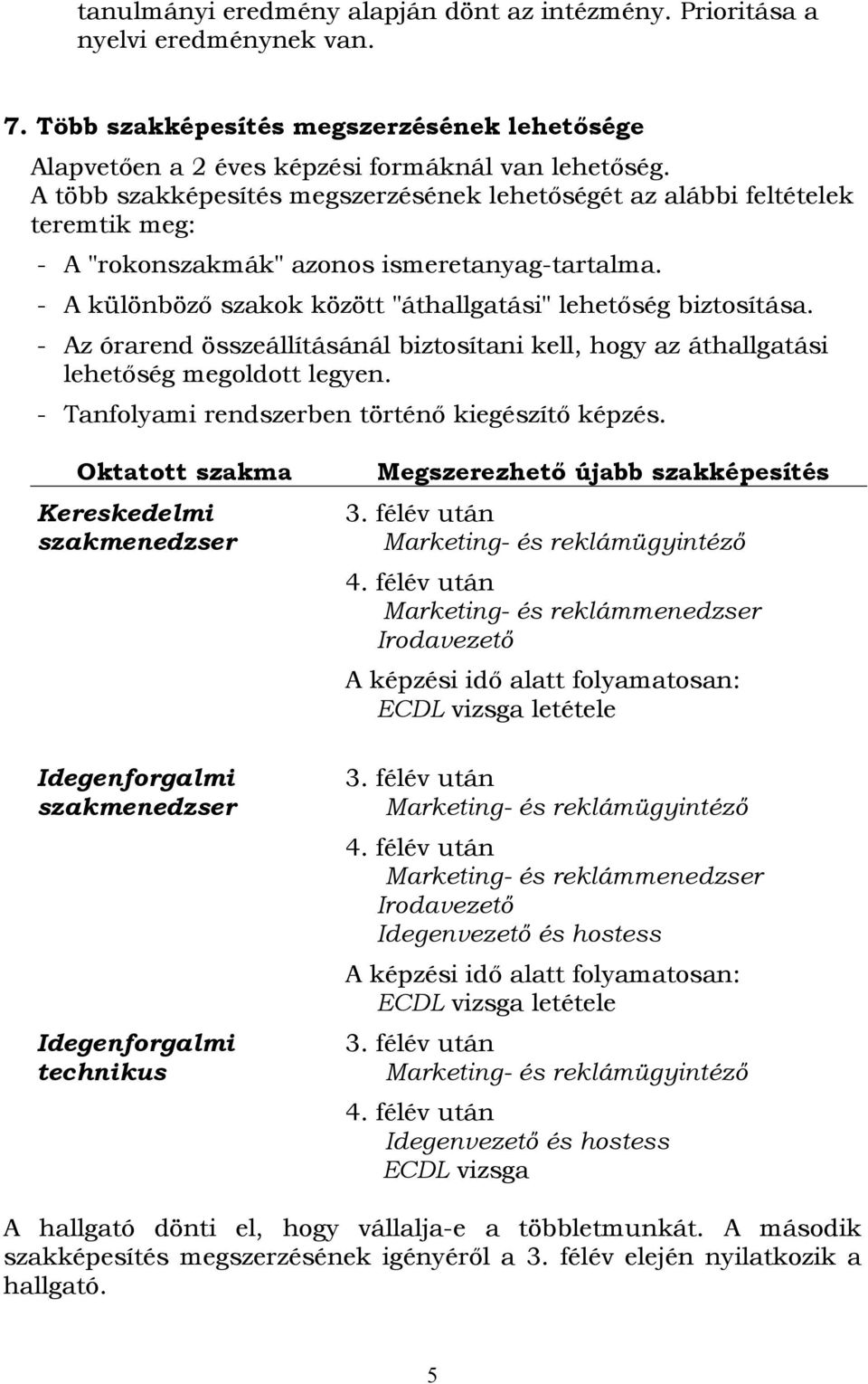 - Az órarend összeállításánál biztosítani kell, hogy az áthallgatási lehetőség megoldott legyen. - Tanfolyami rendszerben történő kiegészítő képzés.