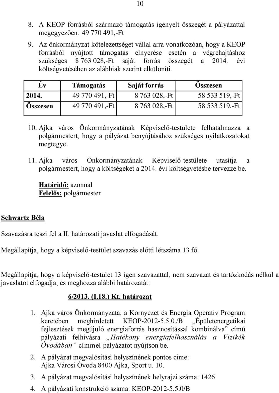 évi költségvetésében az alábbiak szerint elkülöníti. Év Támogatás Saját forrás Összesen 2014. 49 770 491,-Ft 8 763 028,-Ft 58 533 519,-Ft Összesen 49 770 491,-Ft 8 763 028,-Ft 58 533 519,-Ft 10.