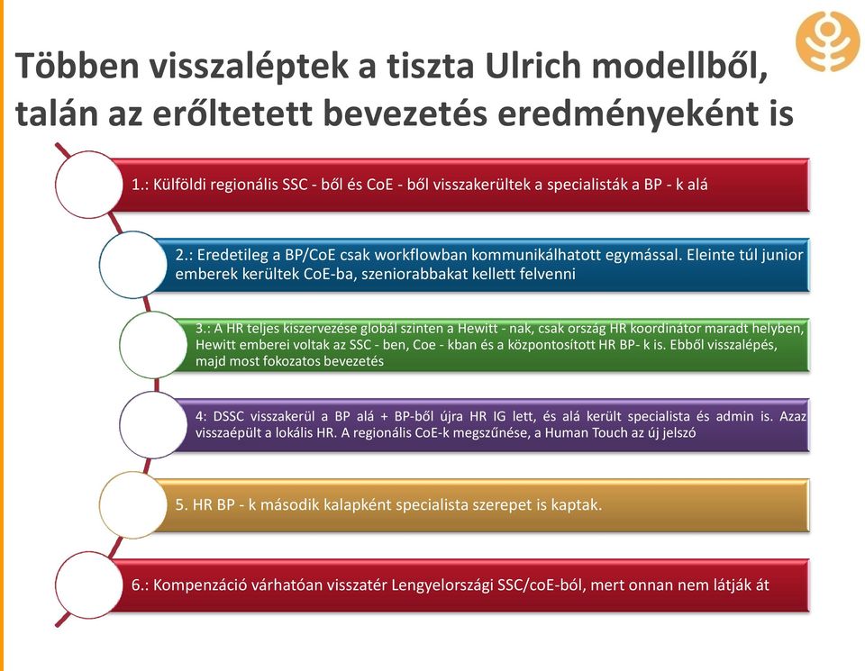 : A HR teljes kiszervezése globál szinten a Hewitt - nak, csak ország HR koordinátor maradt helyben, Hewitt emberei voltak az SSC - ben, Coe - kban és a központosított HR BP- k is.