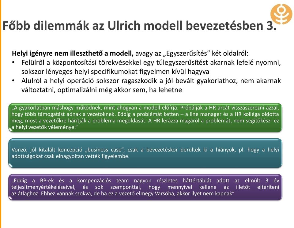 figyelmen kívül hagyva Alulról a helyi operáció sokszor ragaszkodik a jól bevált gyakorlathoz, nem akarnak változtatni, optimalizálni még akkor sem, ha lehetne A gyakorlatban máshogy működnek, mint