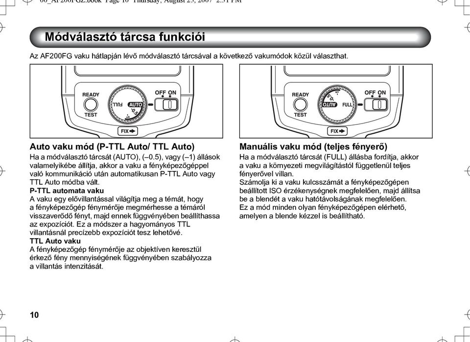 5), vagy ( 1) állások valamelyikébe állítja, akkor a vaku a fényképezõgéppel való kommunikáció után automatikusan P-TTL Auto vagy TTL Auto módba vált.