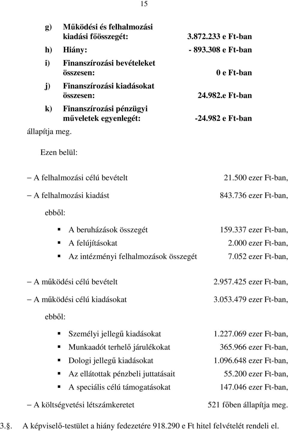 982 e Ft-ban A felhalmozási célú bevételt A felhalmozási kiadást 21.500 ezer Ft-ban, 843.736 ezer Ft-ban, ebbıl: A beruházások összegét A felújításokat Az intézményi felhalmozások összegét 159.