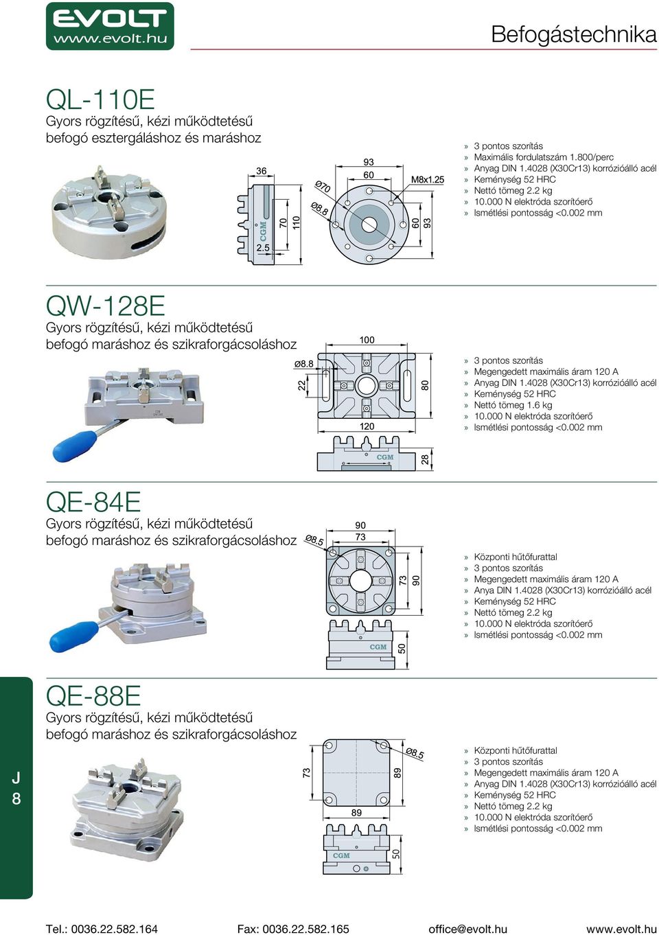 000 N elektróda szorítóerő QE-84E Gyors rögzítésű, kézi működtetésű befogó maráshoz és szikraforgácsoláshoz Központi hűtőfurattal 3 pontos szorítás Megengedett maximális áram 120 A Anya DIN 1.
