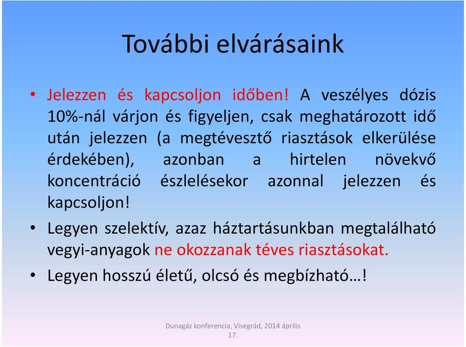 elkerülése érdekében), azonban a hirtelen növekvő koncentráció észlelésekor azonnal jelezzen és kapcsoljon!