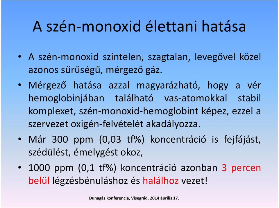 szén-monoxid-hemoglobint képez, ezzel a szervezet oxigén-felvételét akadályozza.