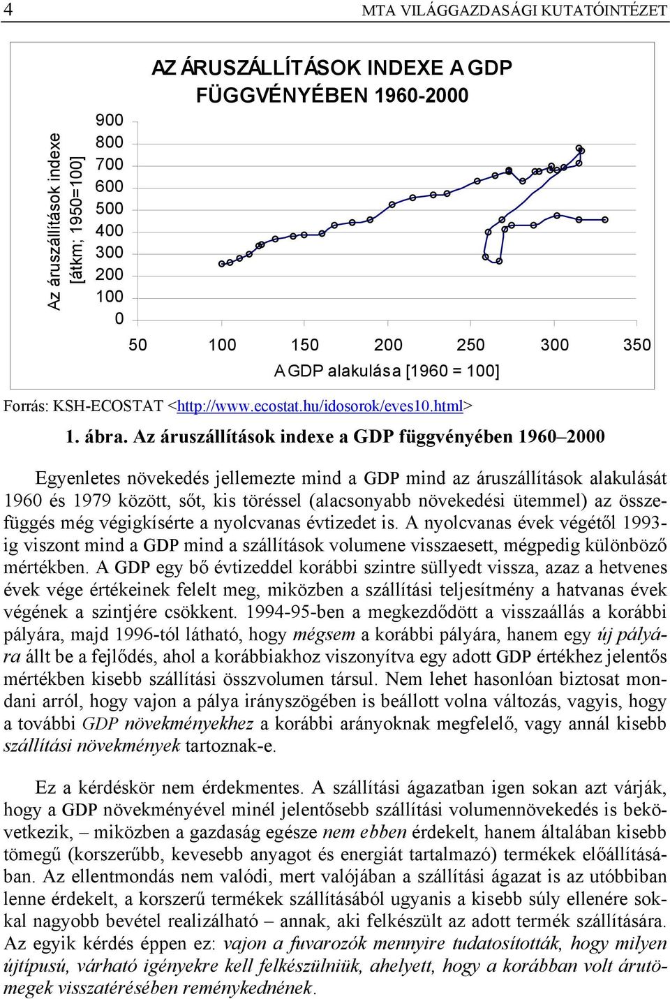 Az áruszállítások indexe a GDP függvényében 1960 2000 Egyenletes növekedés jellemezte mind a GDP mind az áruszállítások alakulását 1960 és 1979 között, sőt, kis töréssel (alacsonyabb növekedési