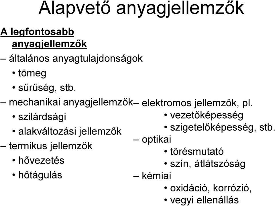 szilárdsági vezetőképesség alakváltozási jellemzők szigetelőképesség, stb.