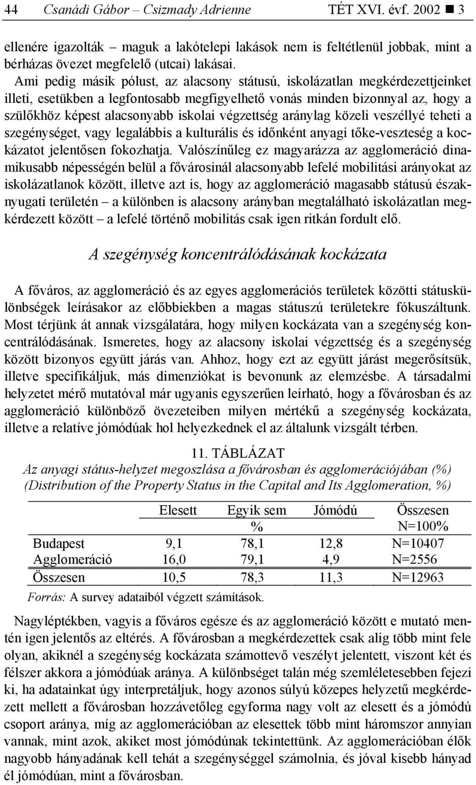 végzettség aránylag közeli veszéllyé teheti a szegénységet, vagy legalábbis a kulturális és időnként anyagi tőke-veszteség a kockázatot jelentősen fokozhatja.