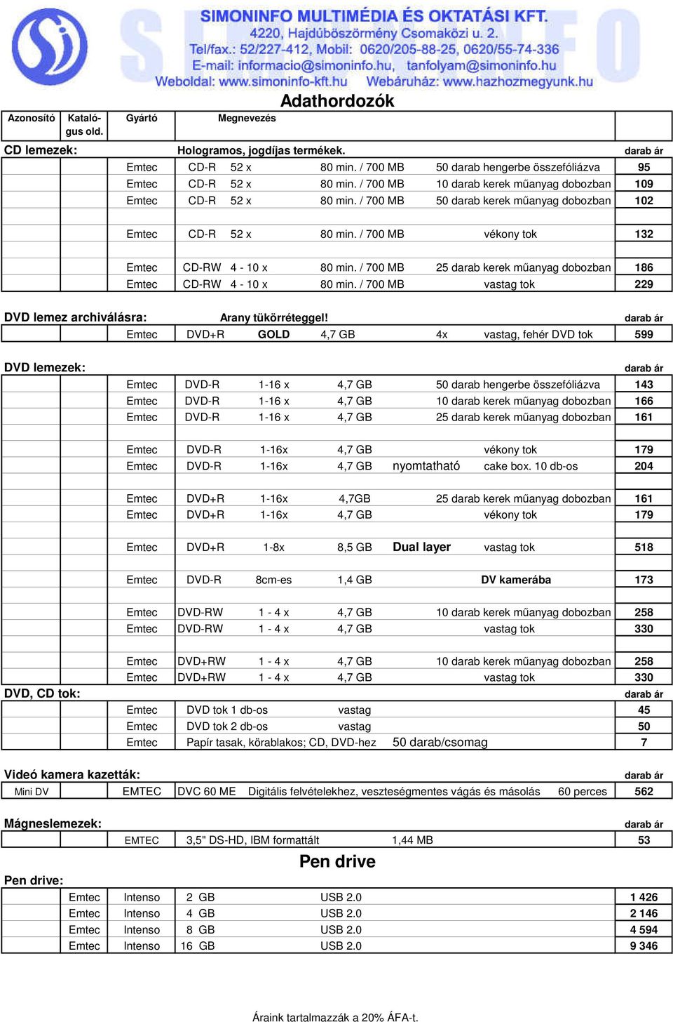 / 700 MB 25 darab kerek műanyag dobozban 186 Emtec CD-RW 4-10 x 80 min. / 700 MB vastag tok 229 DVD lemez archiválásra: Arany tükörréteggel!