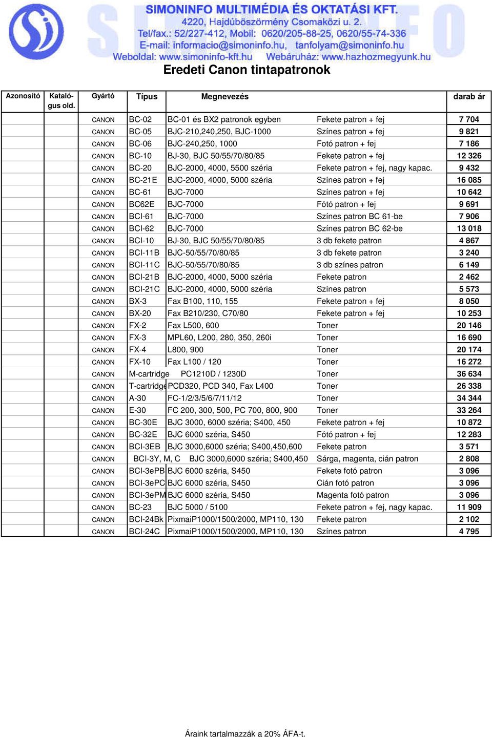 9 432 CANON BC-21E BJC-2000, 4000, 5000 széria Színes patron + fej 16 085 CANON BC-61 BJC-7000 Színes patron + fej 10 642 CANON BC62E BJC-7000 Fótó patron + fej 9 691 CANON BCI-61 BJC-7000 Színes