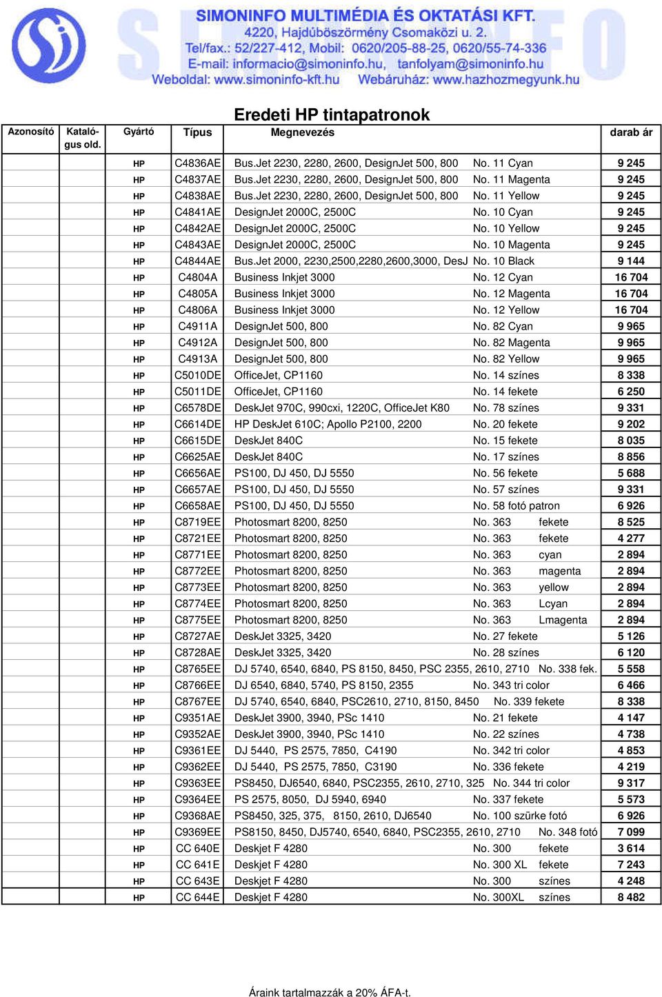 10 Yellow 9 245 HP C4843AE DesignJet 2000C, 2500C No. 10 Magenta 9 245 HP C4844AE Bus.Jet 2000, 2230,2500,2280,2600,3000, DesJ No. 10 Black 9 144 HP C4804A Business Inkjet 3000 No.