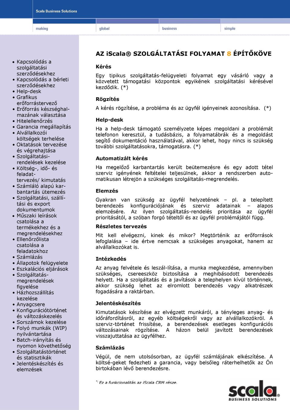 szállítási és export dokumentumok Műszaki leírások csatolása a termékekhez és a megrendelésekhez Ellenőrzőlista csatolása a feladatokhoz Számlázás Állapotok felügyelete Eszkalációs eljárások