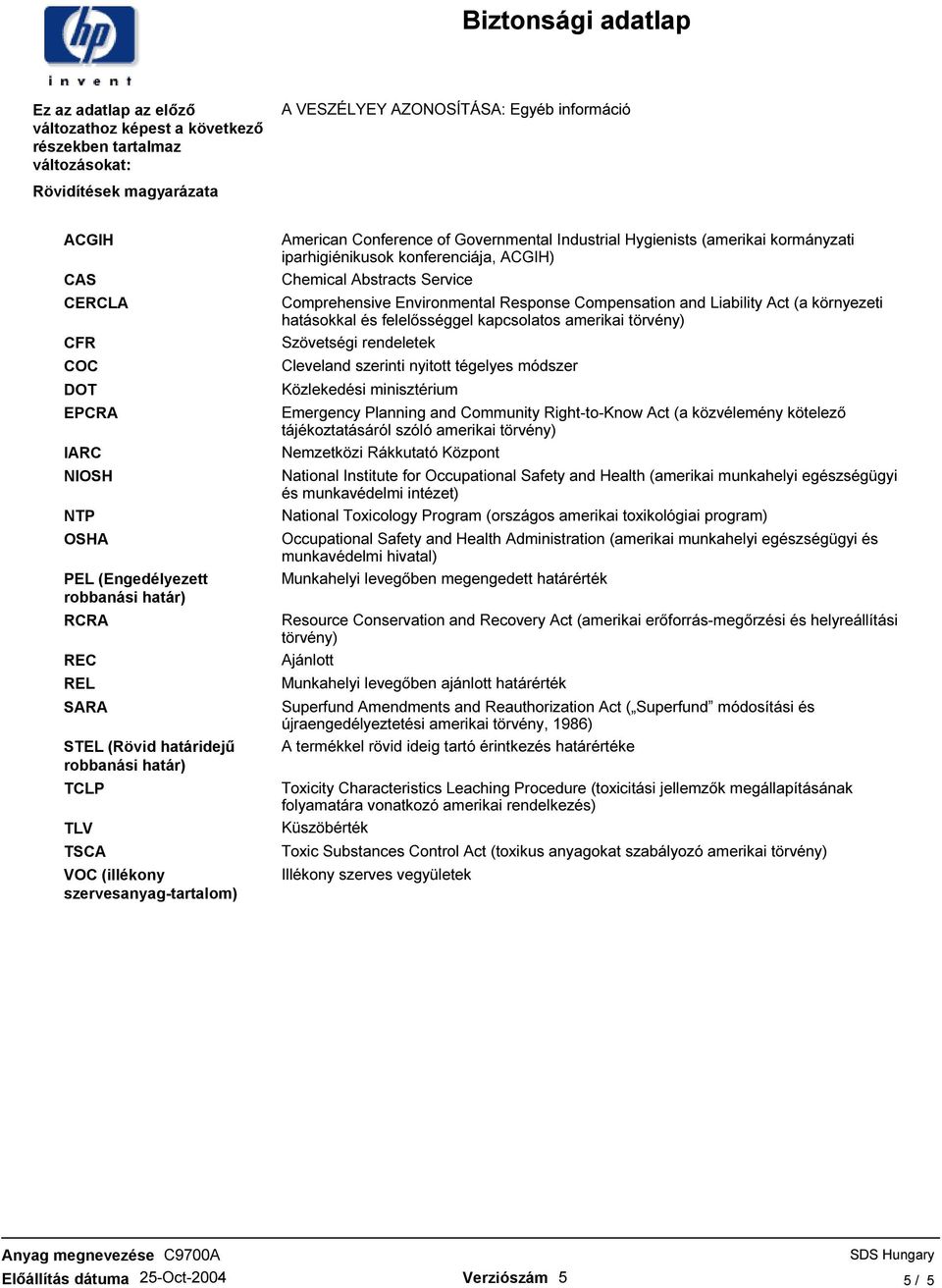 Industrial Hygienists (amerikai kormányzati iparhigiénikusok konferenciája, ACGIH) Chemical Abstracts Service Comprehensive Environmental Response Compensation and Liability Act (a környezeti