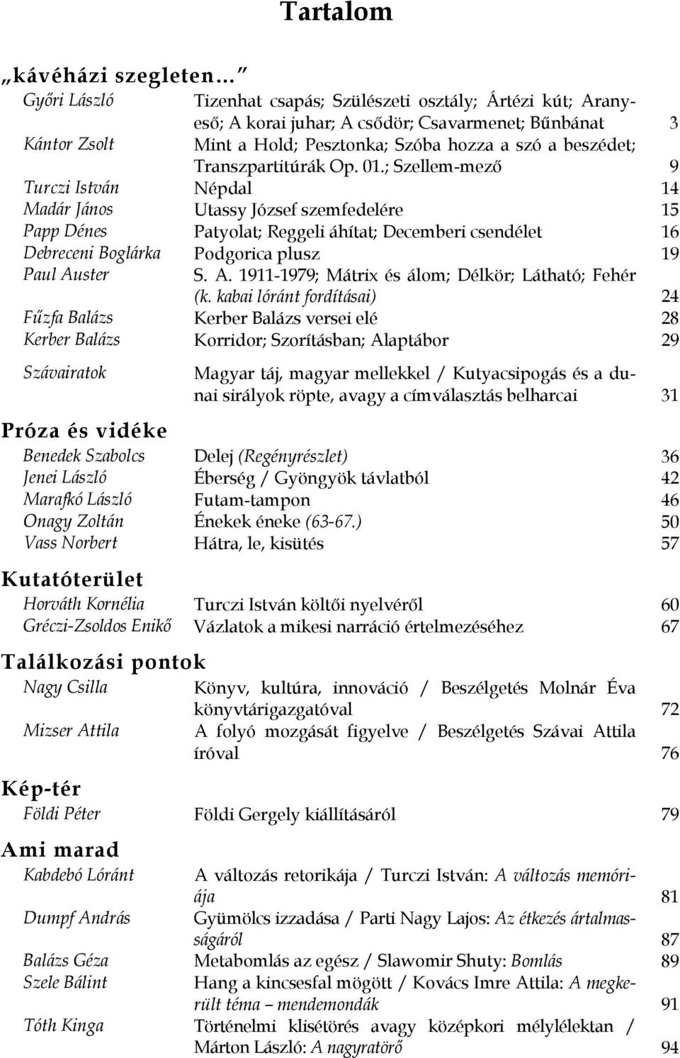 ; Szellem-mező 9 Turczi István Népdal 14 Madár János Utassy József szemfedelére 15 Papp Dénes Patyolat; Reggeli áhítat; Decemberi csendélet 16 Debreceni Boglárka Podgorica plusz 19 Paul Au