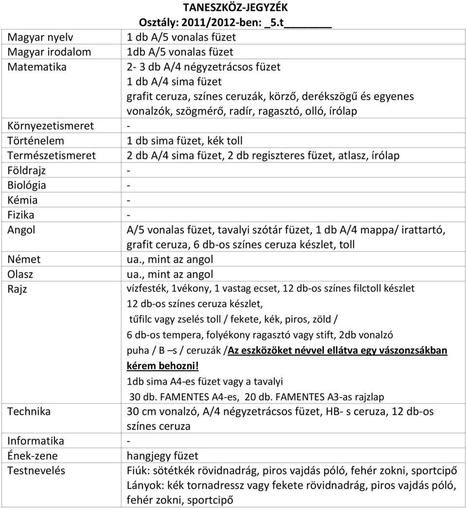 vonalzók, szögmérő, radír, ragasztó, olló, írólap Környezetismeret - Történelem 1 db sima füzet, kék toll Természetismeret 2 db A/4 sima füzet, 2 db regiszteres füzet, atlasz, írólap Földrajz -