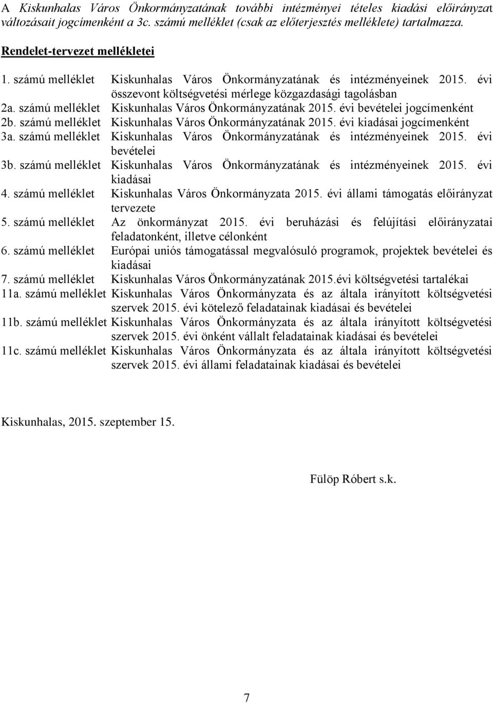 évi bevételei jogcímenként 2b. számú melléklet Kiskunhalas Város Önkormányzatának 2015. évi kiadásai jogcímenként 3a. számú melléklet Kiskunhalas Város Önkormányzatának és intézményeinek 2015.