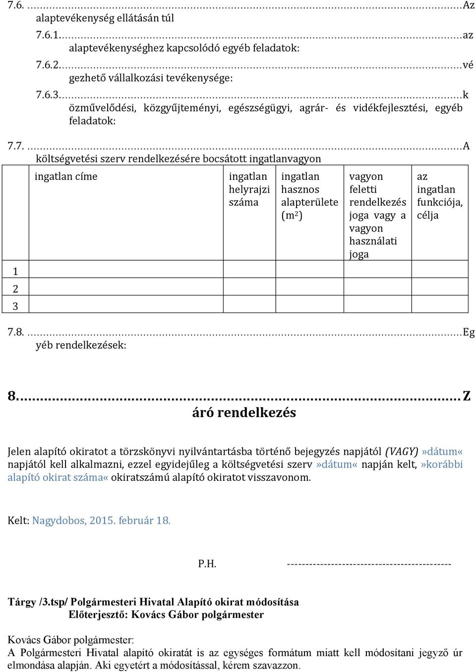 7.... A költségvetési szerv rendelkezésére bocsátott ingatlanvagyon 1 2 3 ingatlan címe ingatlan helyrajzi száma ingatlan hasznos alapterülete (m 2 ) vagyon feletti rendelkezés joga vagy a vagyon