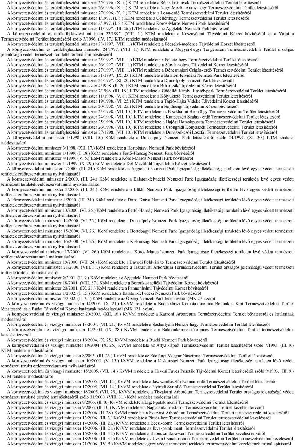 (I. 8.) KTM rendelete a Gellérthegy Természetvédelmi Terület létesítéséről A környezetvédelmi és területfejlesztési miniszter 3/1997. (I. 8.) KTM rendelete a Körös-Maros Nemzeti Park létesítéséről A környezetvédelmi és területfejlesztési miniszter 11/1997.