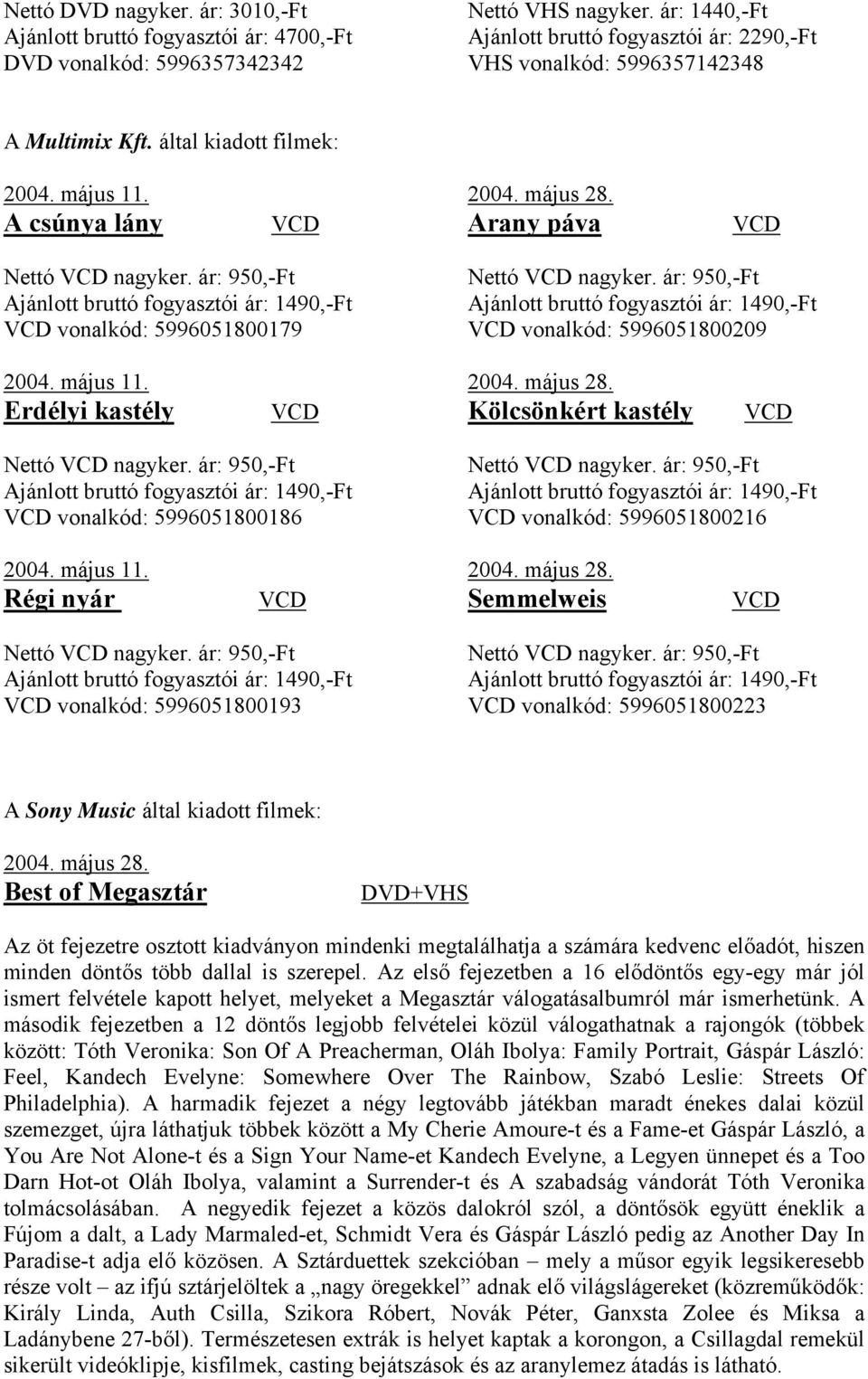 ár: 950,-Ft vonalkód: 5996051800179 Nettó nagyker. ár: 950,-Ft vonalkód: 5996051800209 2004. május 11. Erdélyi kastély 2004. május 28. Kölcsönkért kastély Nettó nagyker.